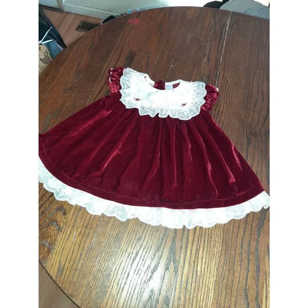 24 Month BT Kids Red Velvet White Lace Short Sleeve Dress- Valentines Wedding